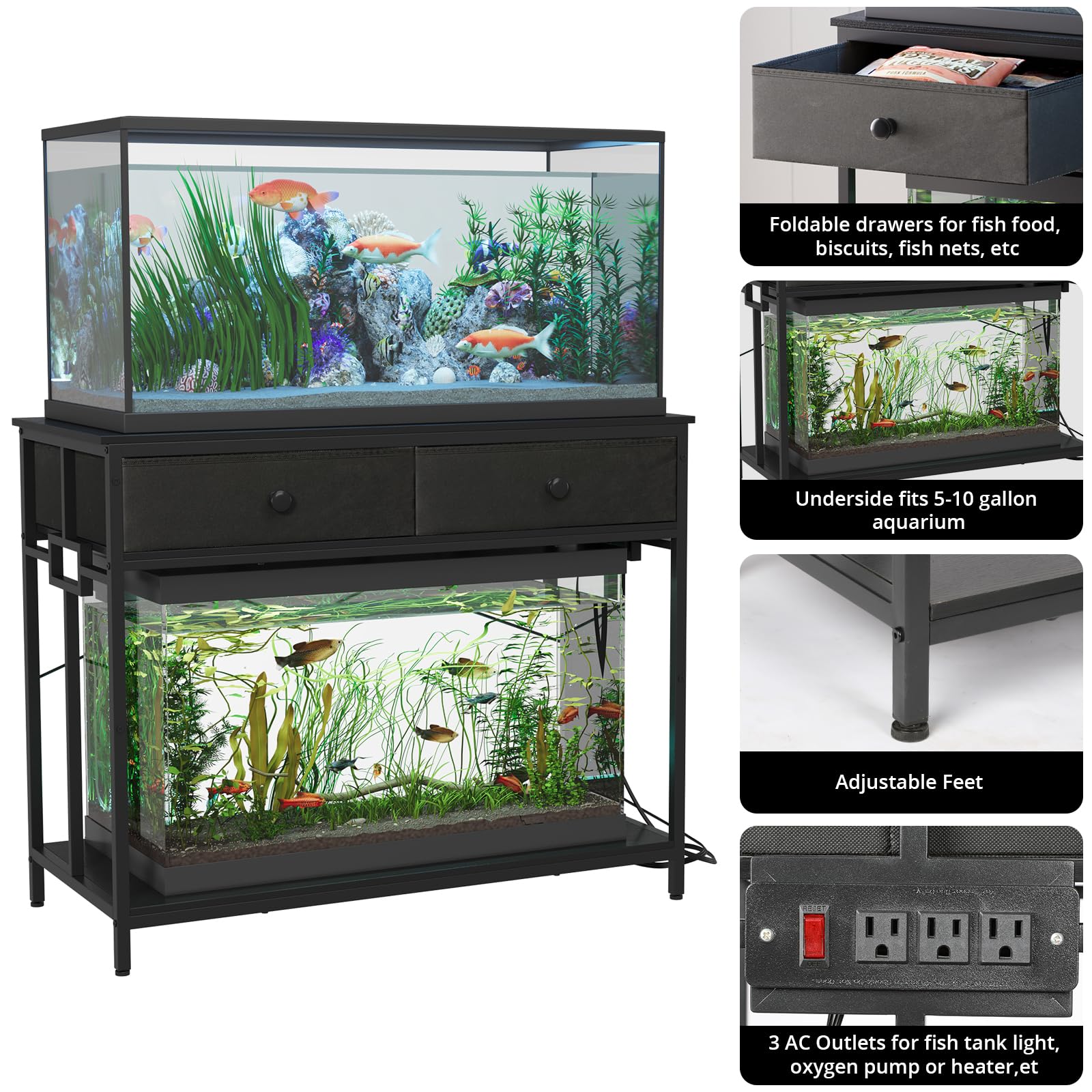 VOWNER 40 Gallon Aquarium Stand with Power Outlet, Metal Frame Fish Tank Stand with Cabinet Storage, Double Turtle Reptile Terrariums Tank Stand, 39.4" L*18.9" W Tabletop, 660LBS Capacity, Bl - WoodArtSupply