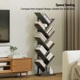 JARHETUN 9 Tier Tree Bookshelf with LED Light, Floor Standing Bookcase, Narrow Bookshelves for Books/CDs/Magazine, Wood Storage Rack for Bedroom, Home Office, Living Room, Black JARHETUN