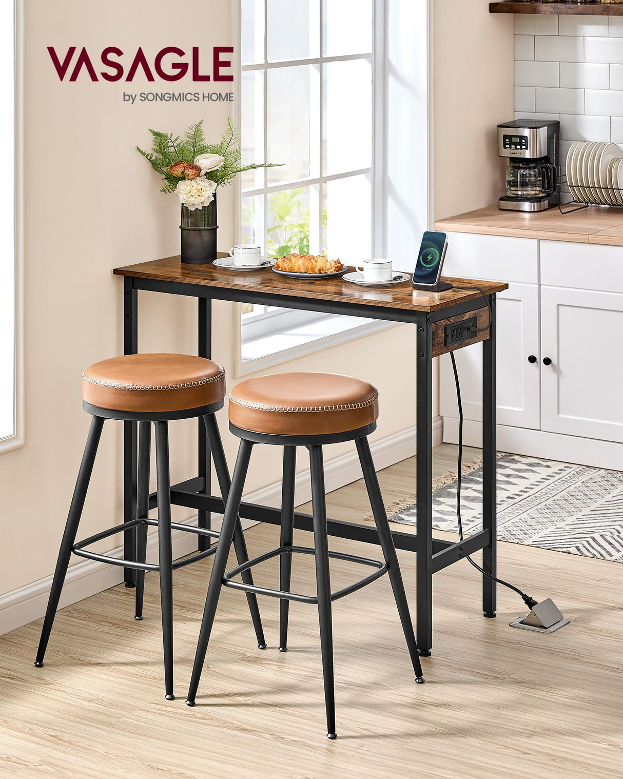 VASAGLE Bar Table, Narrow Long Kitchen Dining Table with Charging Station, Sturdy Metal Frame, Industrial, 15.7 x 39.4 x 35.4 Inches, Rustic Brown and Ink Black ULBT101K01 VASAGLE