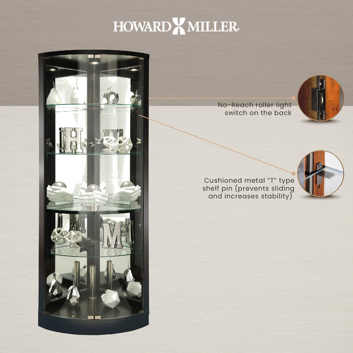 Howard Miller Jaime Curio Cabinet - Floor Mount Showcase Black Finish Adjustable Shelves & Levelers Illuminated Interior Lightning Perfect for Living Room Office and Room Decor Howard Miller