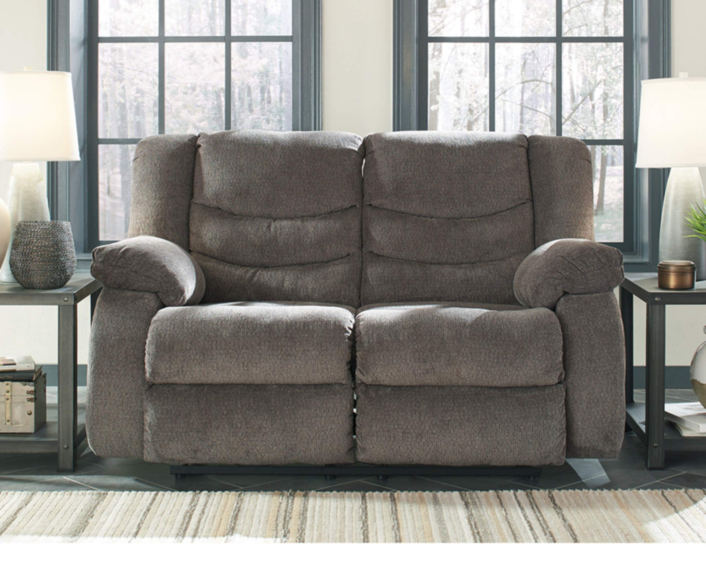 Signature Design by Ashley Tulen Modern Manual Pull Tab Reclining Loveseat, Dark Gray