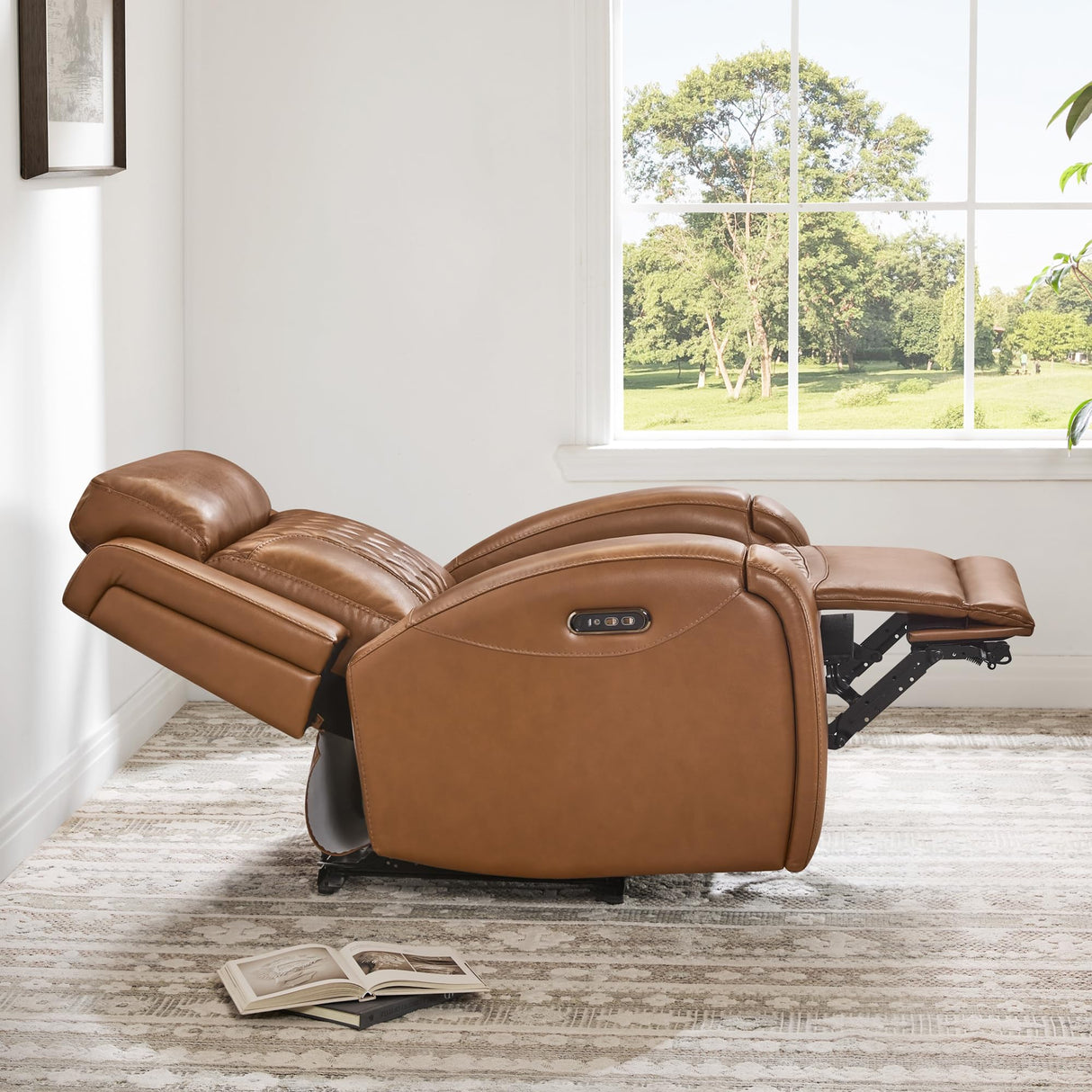 CHITA Genuine Leather Recliner Chair for Adults with Adjustable Power Headrest, Lay Flat Power Recliner with Slide-Out Cupholders & USB/Type-C Ports, Living Room Chair, Saddle CHITA