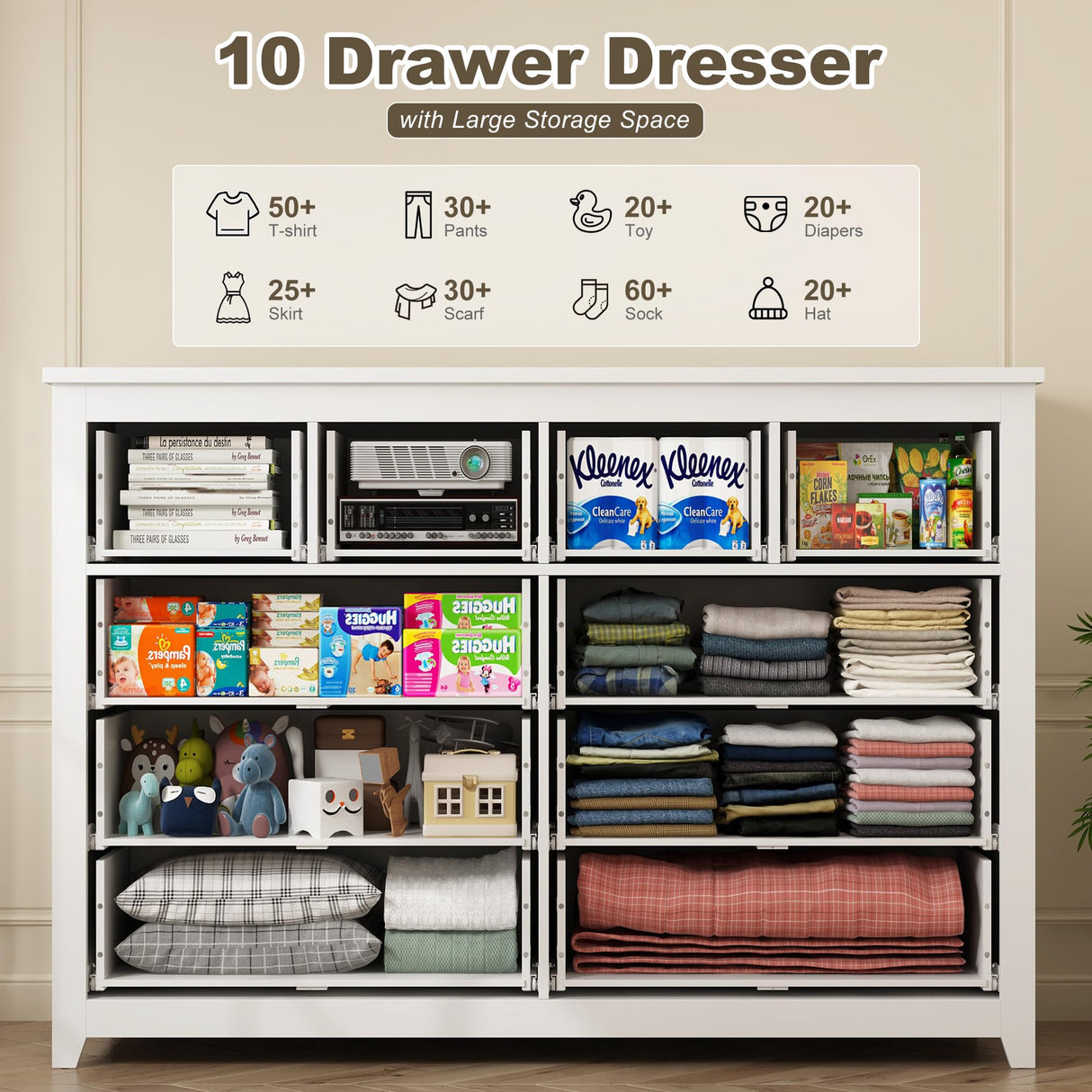 EnHomee White Dresser, Dresser for Bedroom with 10 Drawers Wood Dresser with Smooth Metal Rail, Large Dressers & Chests of Drawers Wide Dresser, White 52.2W*15.8" D*35.8" H EnHomee