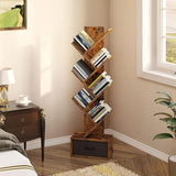 SUPERLELE 6 Shelf Bookshelf with Drawer, Retro Tree Bookcase Floor Standing Bookcase for CDs/Movies/Books, Utility Book Organizer Shelves for Bedroom, Living Room, Home Office SUPERLELE