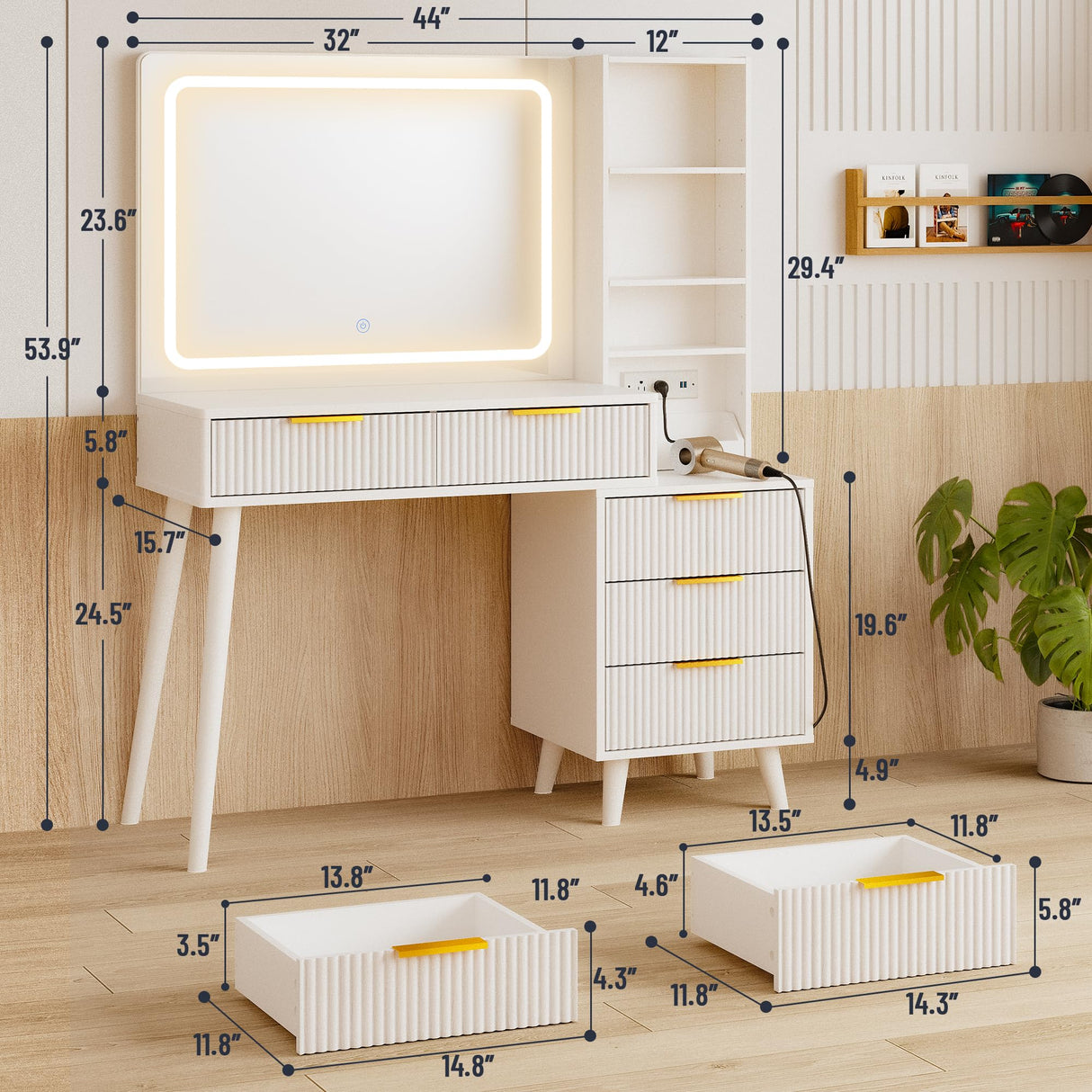 Vanity Desk with Mirror and Lights, Makeup Vanity Desk with Power Outlet, Makeup Desk with 5 Drawers&Storage Shelves, Vanity Table 3 Color Modes Adjustable Brightness Dressing Table Set for Bedroom INNOD