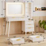 Vanity Desk with Mirror and Lights, Makeup Vanity Desk with Power Outlet, Makeup Desk with 5 Drawers&Storage Shelves, Vanity Table 3 Color Modes Adjustable Brightness Dressing Table Set for Bedroom INNOD