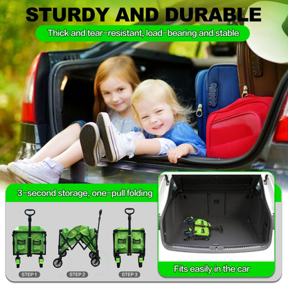 Collapsible Lounge Wagon, Wagon Cart Heavy Duty Foldable with Smallest Folding Design, Utility Grocery Small Wagon with All Terrain Wheels for Camping Shopping Sports Garden, Green