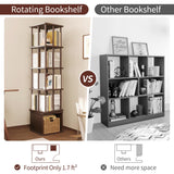 IOTXY 5-Tier Rotating Bookshelf Tower - Beech Wood Frame Spinning Bookcase with Storage Base, Tall Freestanding Revolving Shelf Organizer, Walnut IOTXY
