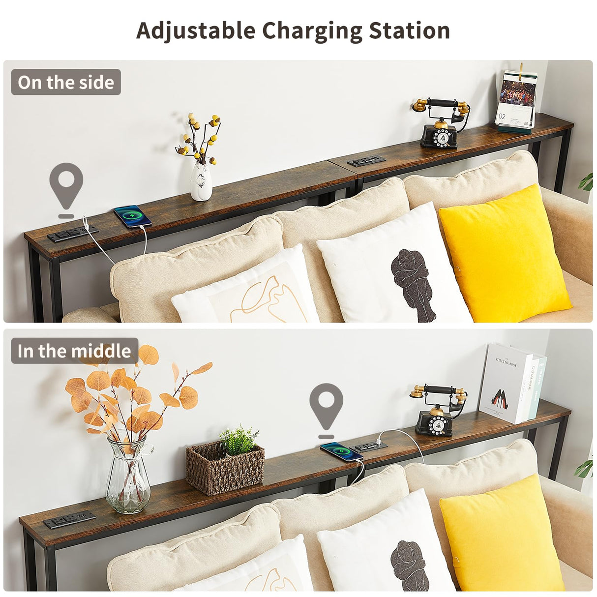 ELYKEN 2 Pack 5.9" Narrow Console Sofa Table with Power Outlets, 5.9" D x 39.4" W x 31.1" H Long Couch Table with Metal Frame and Charge Station with 6.5’ Extension Cord, Rustic Brown ELYKEN