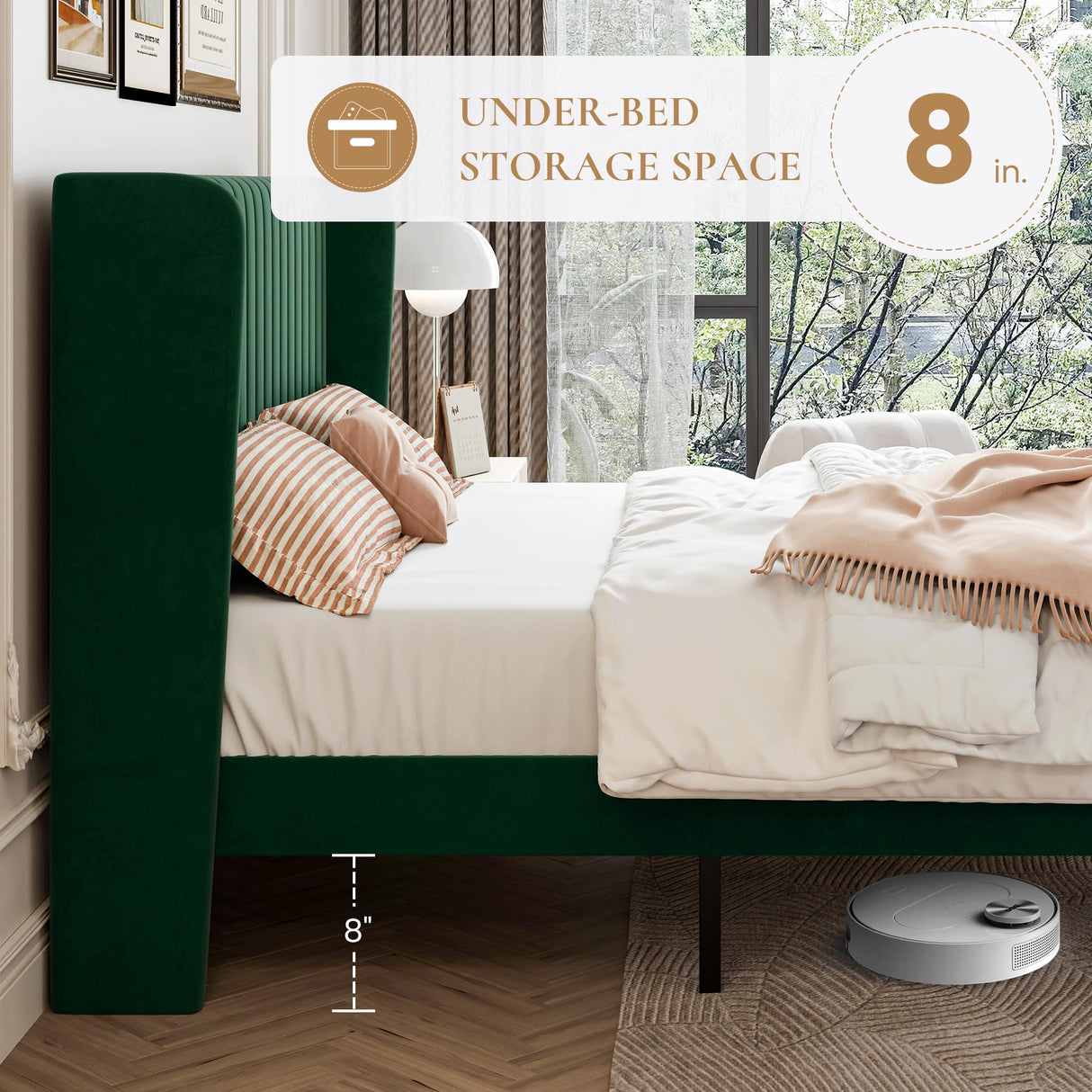 SHA CERLIN King Size Velvet Bed Frame with Vertical Channel Tufted Wingback Headboard, Upholstered Platform Bed with Wood Slats, No Box Spring Needed, Easy Assembly, Green SHA CERLIN