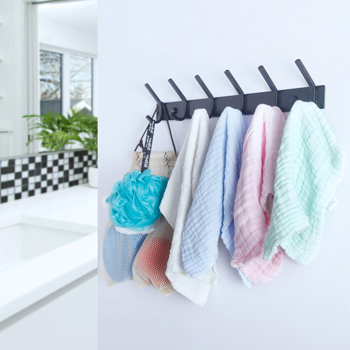 WEBI Coat Rack Wall Mounted,17-1/8 Inch Coat Hooks for Hanging Coats,Heavy Duty Metal Hook Rack Rail with 6 Double Dual Hooks Coat Hanger Wall Mount for Clothes Jacket,Black,2 Packs WEBI