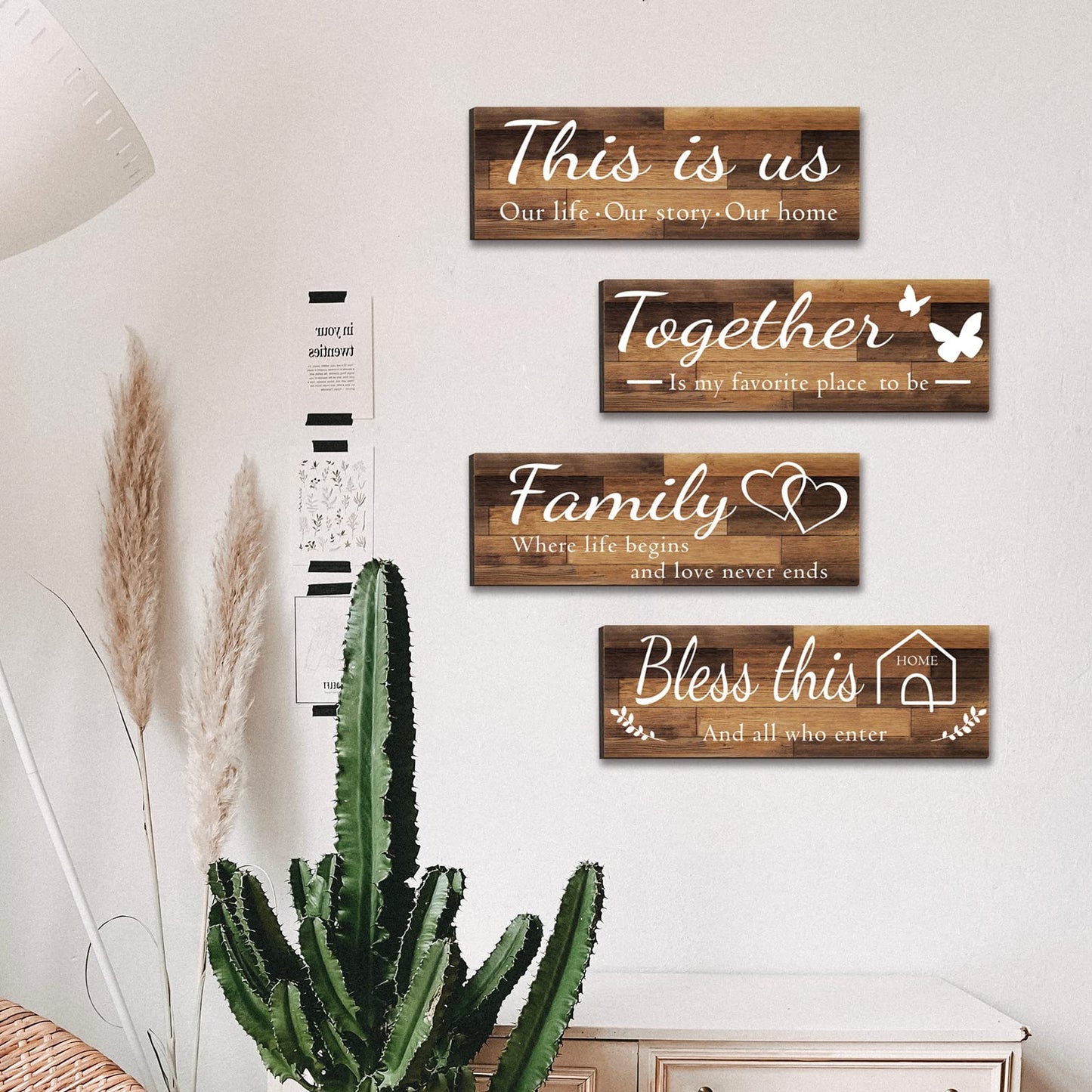 4 Pieces Home Wall Signs, THIS IS US/TOGETHER/BLESS THIS HOME/FAMILY Wall Decor For Living Room Bedroom, Rustic Wooden Farmhouse Wall Art , 4.7 x 13.8 Inch(Brown)