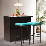 Set Of 3 Outdoor Bar Set Patio Wicker Counter Height Table Set Sturdy Frame Rattan Bar Table with Glass Table Top Storage Shelves 2 Bar Stools for Patio Poolside Porch Outdoor Indoor, Blue PayLessHere