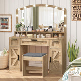 usikey Farmhouse Vanity Desk with Large Lighted Mirror and 10 Lights, 43.3" Glass Tabletop Makeup Vanity with 3 Drawers, Large Vanity Tabel Set with Long Storage Shelf, 2 Cabinets and Stool, Maple usikey