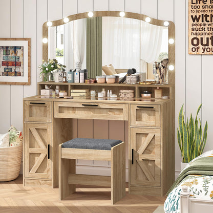 usikey Farmhouse Vanity Desk with Large Lighted Mirror and 10 Lights, 43.3" Glass Tabletop Makeup Vanity with 3 Drawers, Large Vanity Tabel Set with Long Storage Shelf, 2 Cabinets and Stool,  - WoodArtSupply