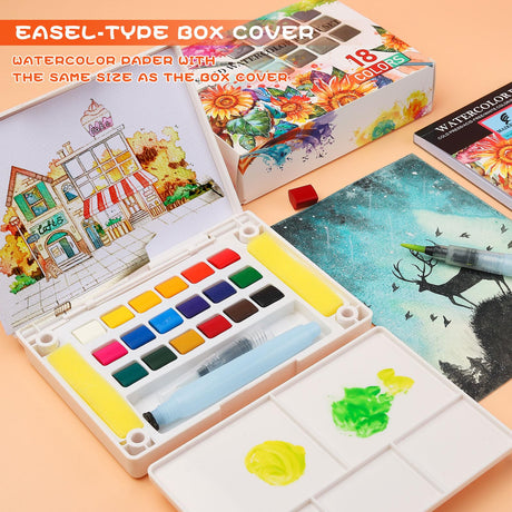 MAIKEDEPOT Watercolor Paint Set,Vivid Colors Travel Paint Set Graspable Painting Set Compact Size, Watercolor Kit with Water Brush Pens,24 Sheets Watercolor Papers,3 Online Tutorial Video - 18colors MAIKEDEPOT