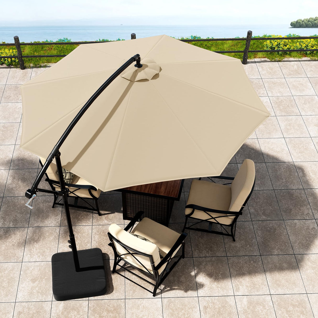OLILAWN 10ft Patio Umbrella with Base Included, Outdoor Offset Cantilever Umbrella w/Upgraded Yarn-dyed Fabric Shade, Sturdy 8 Rids, Easy Tilt Adjustment, for Pool Deck Porch Backyard Garden,Beige OLILAWN