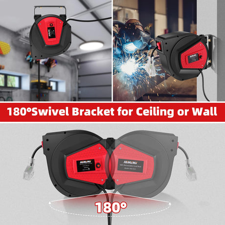 50FT Retractable Extension Cord Reel, 14AWG/3C Power Cord Reel for Garage Workshop, Wall/Ceiling Mounted Extension Cord Reel, 13A Circuit Breaker, 3-Lighted Triple Outlets, UL Listed Himimi