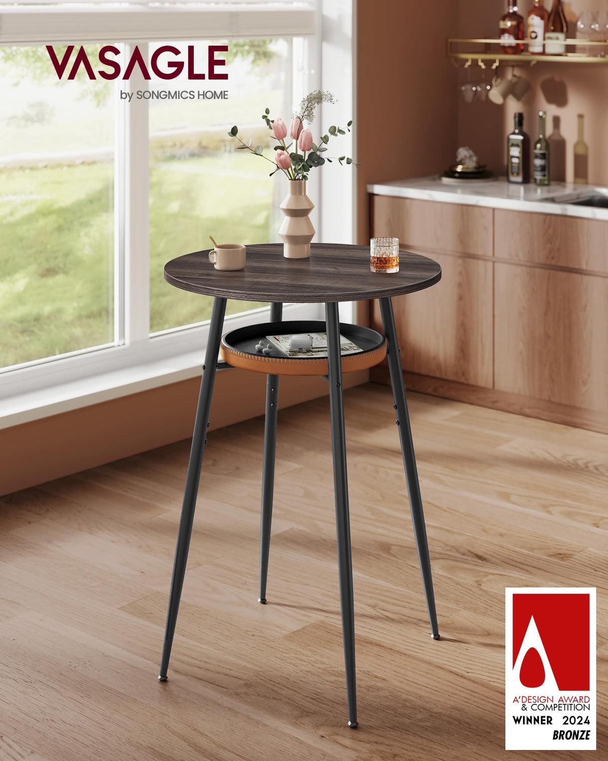 VASAGLE EKHO Collection - Bar Table with Storage, Round High Pub Table, Synthetic Leather with Stitching, Mid-Century Modern, Kitchen Home Bar, Living Room, Easy Assembly, Ash Brown and Caramel Brown VASAGLE