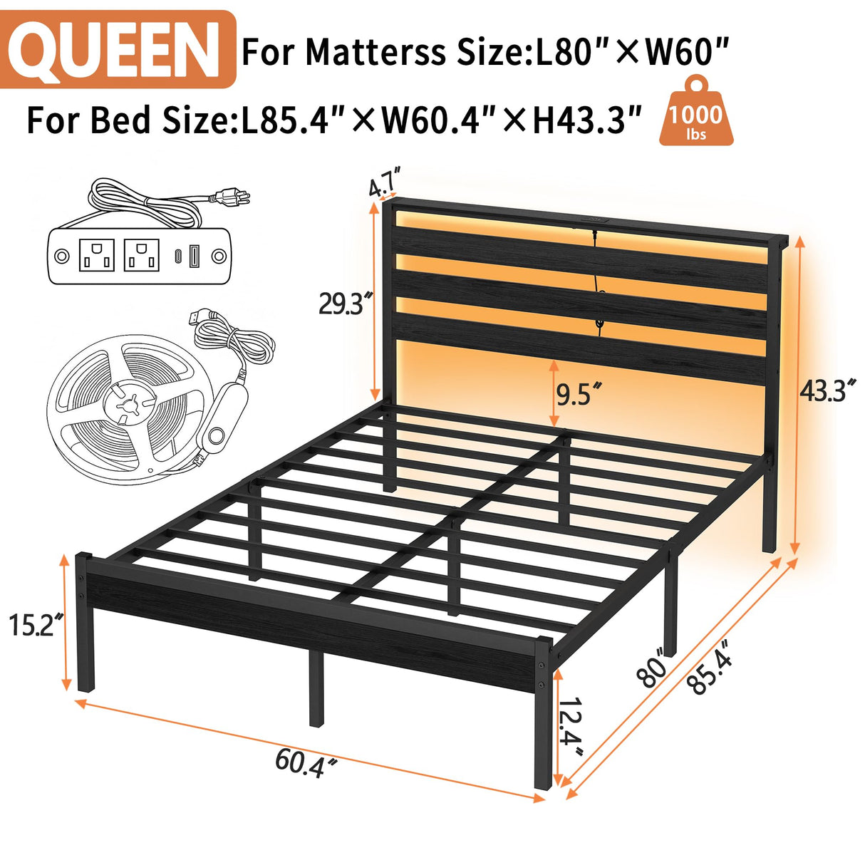 CLIBFENG 14 Inch Classic Metal Platform Bed Frame-Queen Bed Frame with Headboard,Steel Slats Support-LED Bed Frame with USB Charging Station,Under Bed Storage,No Box Spring Needed,Noise Free CLIBFENG