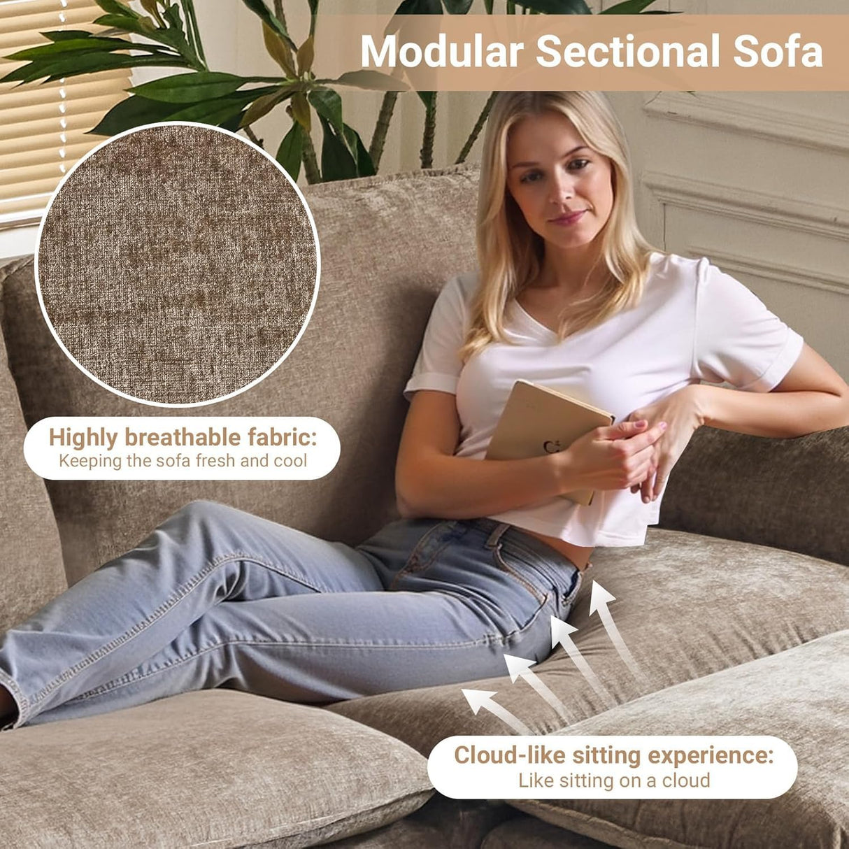 VINGLI Convertible Modular Sectional Sofa with Deep Seat & Movable 2-Layer Ottoman, L-shape Cloud Sofa with Chaise &Armrests, Oversized 3-Seater Couch for Living Room & Apartment, Chenille,Light-Brown VINGLI