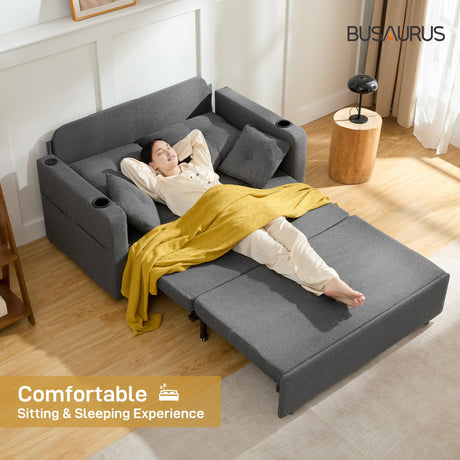 Busaurus 3 in 1 Convertible Sofa Bed, 56" Full Size Loveseat Sleeper Sofa Couch Bed, Sleeper Sofa Bed with Storage Pocket, USB, Comfy Pull Out Sofa Bed for Living Room, Bedroom, Small Space, Dark Grey Busaurus