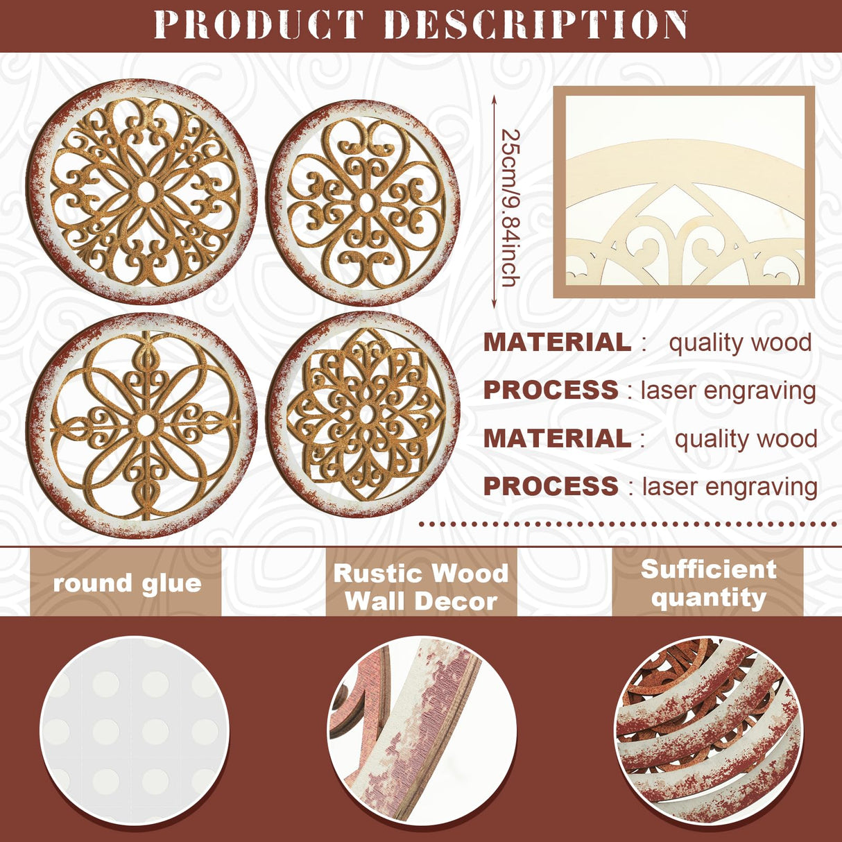 Yulejo 4 Pcs Thicken Rustic Wall Decor Farmhouse Wall Art Wooden Hollow Carved Design Decor Rustic Round Wall Art for Living Room Bedroom Hallway Decor Kitchen Wall (Light Brown,9.8 x 9.8 Inch) Yulejo