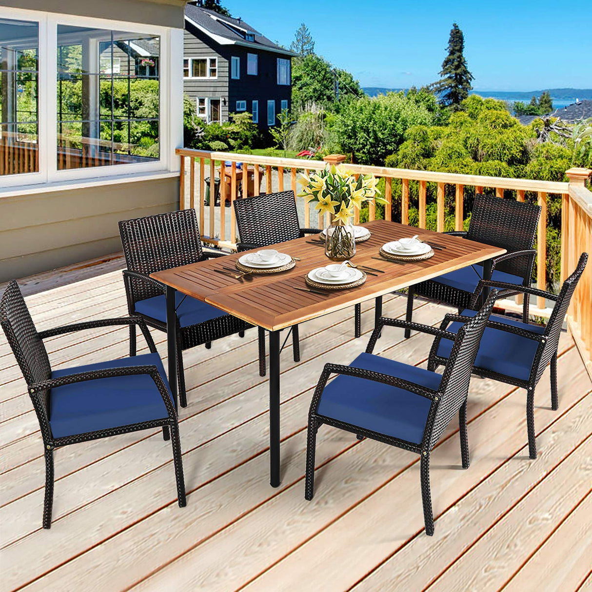 HAPPYGRILL 7 Pieces Patio Dining Set Outdoor Furniture Rattan Wicker Dining Set with Umbrella Hole, Powder Coated Steel Frame, Acacia Wood Dining Table and Armchairs with Removable Cushions HAPPYGRILL