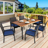 HAPPYGRILL 7 Pieces Patio Dining Set Outdoor Furniture Rattan Wicker Dining Set with Umbrella Hole, Powder Coated Steel Frame, Acacia Wood Dining Table and Armchairs with Removable Cushions HAPPYGRILL