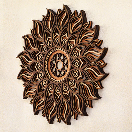ADDMES 11.8 Inch Sun Wall Decor, Wooden Mandala Wall Art, Hollowed-out Sun Hanging Sign, Multi-layers Lotus Flower Wall Decor, Spiritual Room Decor for Bedroom, Living Room, Farmhouse Decor ADDMES