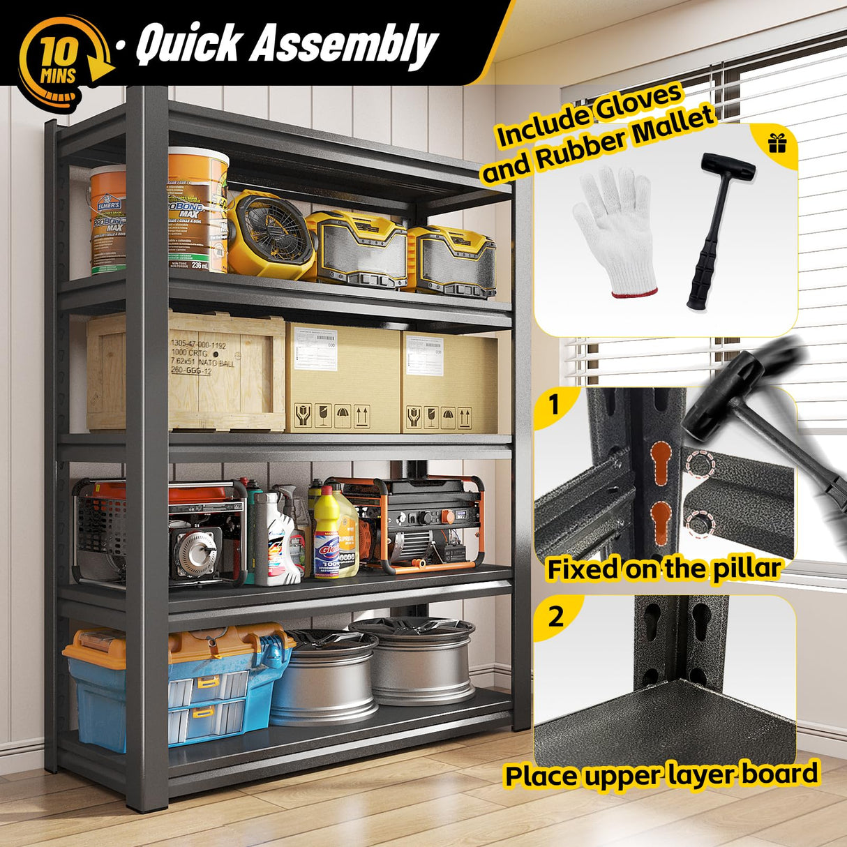 LLIIFFEE 72" H|59.1" W Storage Shelves Heavy Duty Adjustable 5 Tier Garage Shelving 3000 lbs Metal Shelf Industrial Utility Rack for Warehouse, Pantry, Basement, Workshop Storage & Organization LLIIFFEE
