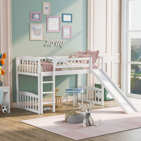 Bellemave Twin Loft Bed with Slide and Ladder, Low Loft Bed for Kids, Wood Loft Bed, for Boys Girls,White Bellemave