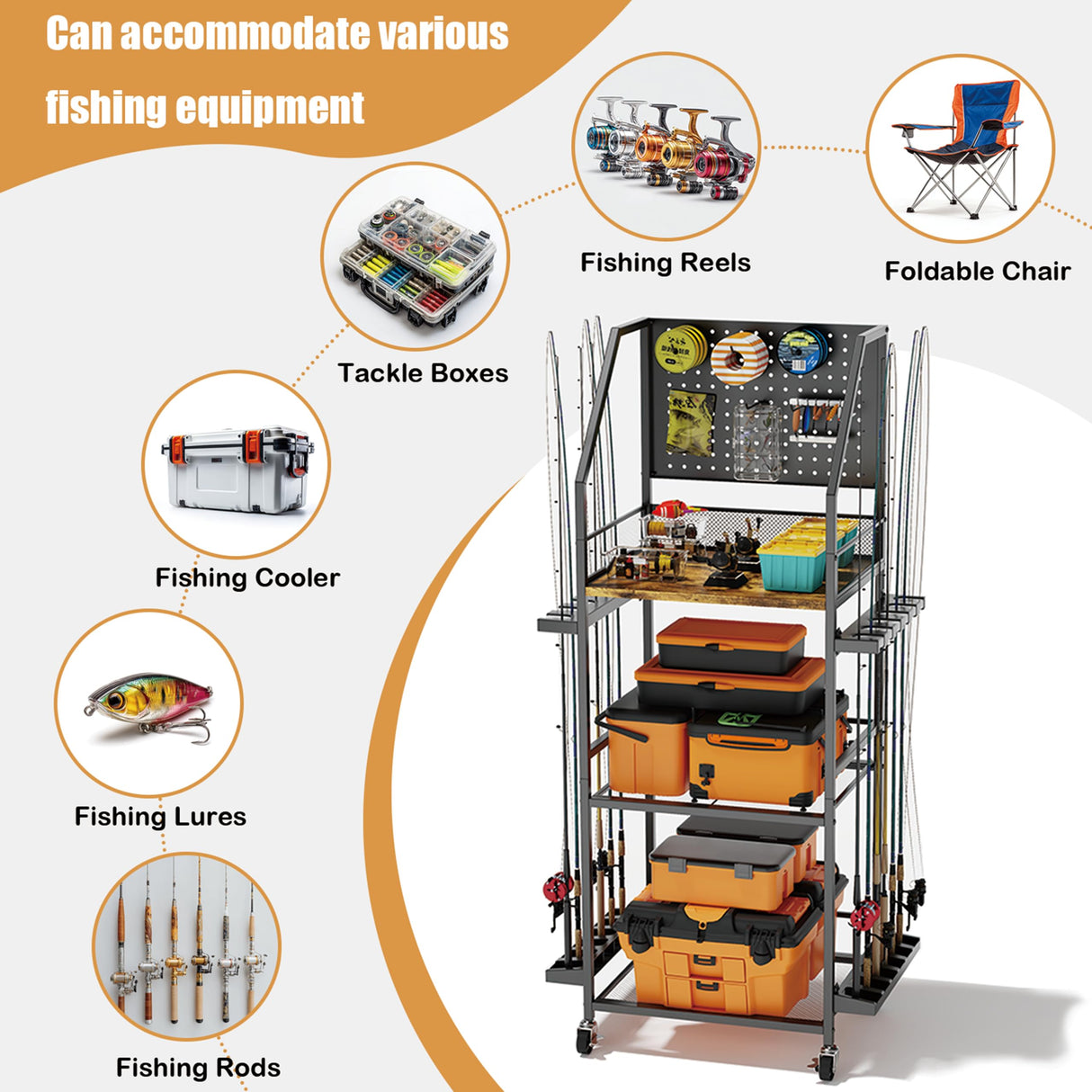 AQNTQCN Fishing Rod Holders for Garage, Fishing Pole Holders, 3-Tier Fishing Pole Rack Holds 12 Rods with Wheels for Garage, Basement or Indoor, For Fishing Rod Tackle Box Storage AQNTQCN