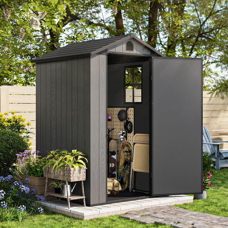 Patiowell 4 x 4 FT Plastic Outdoor Storage Shed with Floor, Garden Tool Shed with Two Windows and Single Lockable Door for Garden, Backyard, Lawn, Easy to Install, Dark Grey(Fit-it Shed) Patiowell