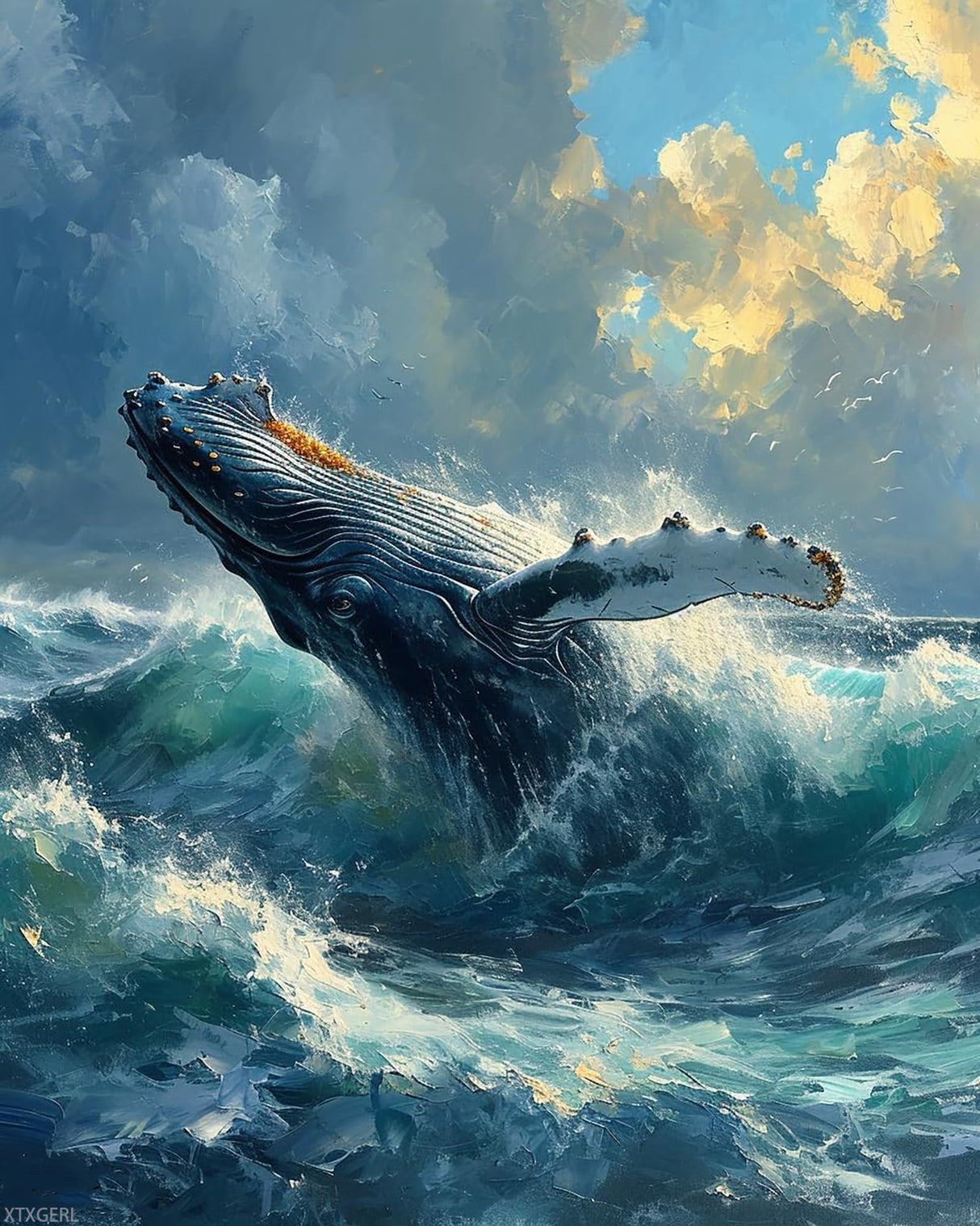 XTXGERL DIY Paint by Number Kits for Adult Beginner, Majestic Humpback Whale Breach, Paint by Numbers Kits for Adults, Canvas Painting Gift Kit for Modern Home Wall Decor, 40x50cm, Bright XTXGERL