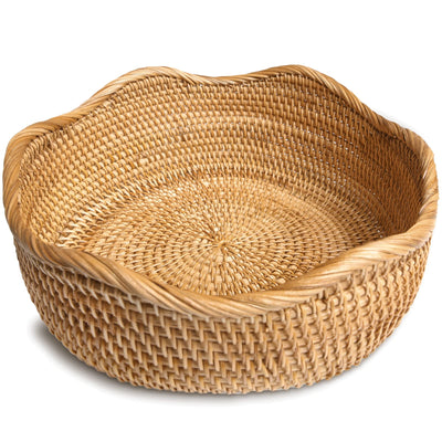 HITOMEN Handmade Rattan Bread Baskets Round Wicker Fruit Serving Storage Bowls, Natural Woven Decorative Kitchen Counter Organizing (Honey Brown) M-10.2''