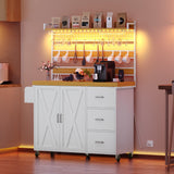 YITAHOME Bakers Rack with Power Outlet and LED Light, 53 Inch Microwave Stand with Storage Cabinet Thickened Counter, Farmhouse Coffee Bar Cabinet on Wheels Tall Shelf for Spices, Cups, Pots, White YITAHOME
