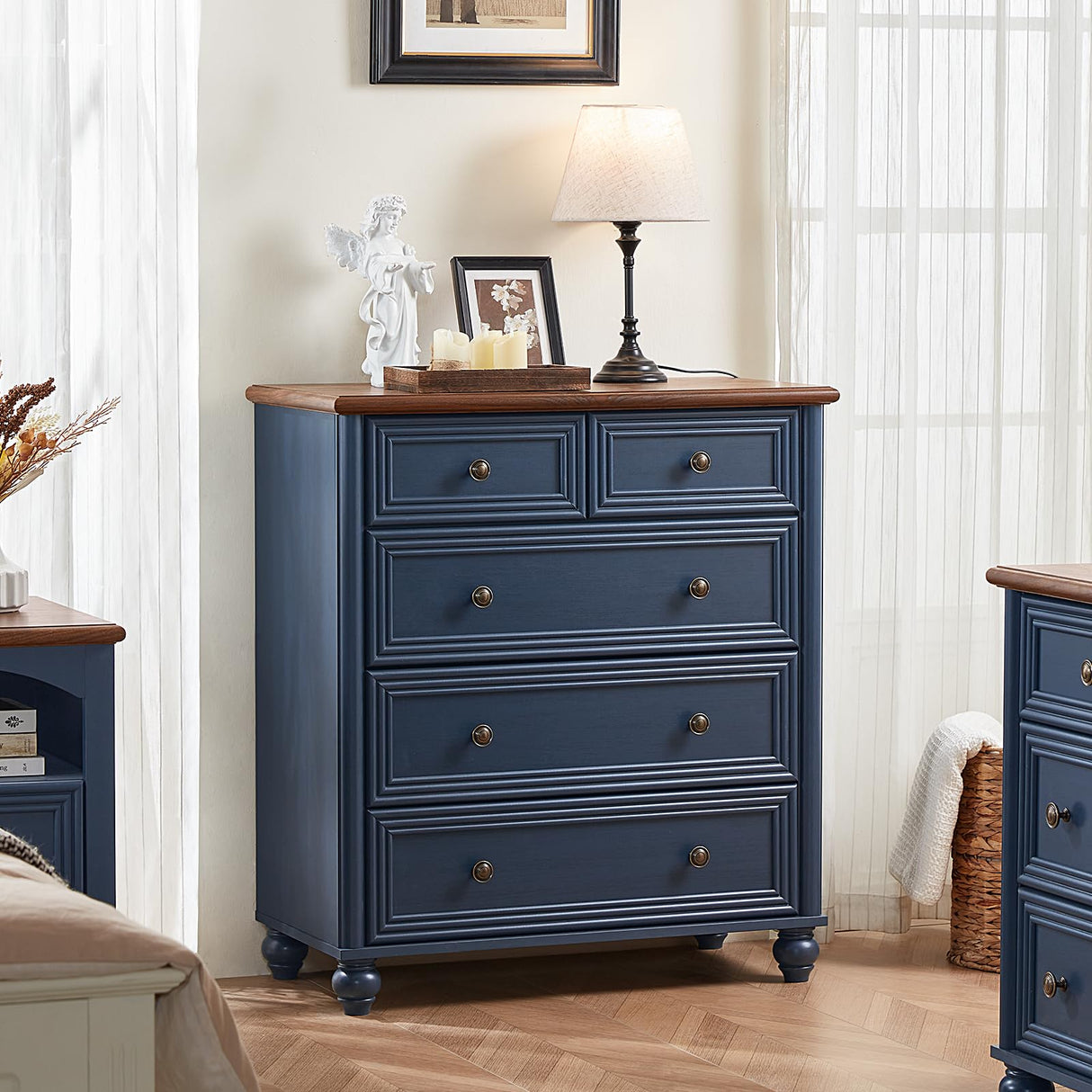 RWYHG Farmhouse 5 Drawer Dresser for Bedroom, 35.5" Tall Small Dressers & Chest of Drawers, Rustic Wood Dresser with Roman Column, Storage Organizer for Living Room, Hallway, Closet (Blue) RWYHG