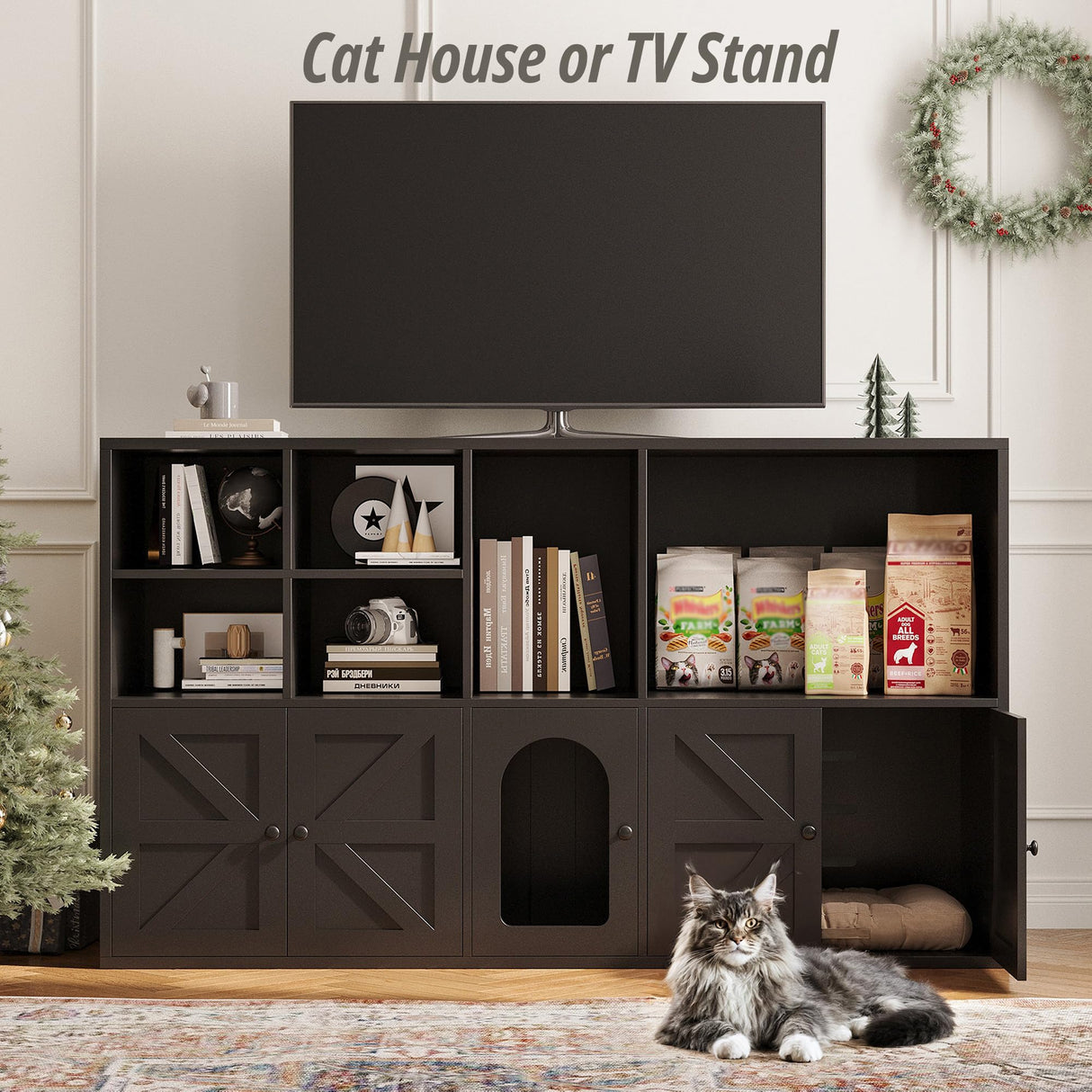 IRONCK Cat Litter Box Enclosure for 2 Cats, Litter Box Furniture Hidden with Double Room and Large Storage Space, Wooden Washroom Furniture, Cat House, Black IRONCK