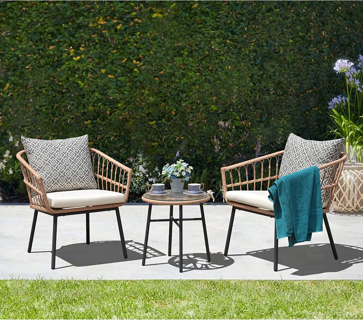 Fangflower Weather Patio Bistro Set, Outdoor Furniture Tempered Coffee Table, and Wicker Chairs for Garden, Balcony, Yard Poolside, White Fangflower