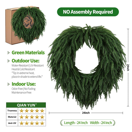 24" Norfolk Pine Christmas Wreath for Front Door – Large Artificial Greenery Wreath for Wall, Porch, or Indoor Outdoor Holiday Decor – Real Touch Pine Foliage (1, 24") QIANYUN
