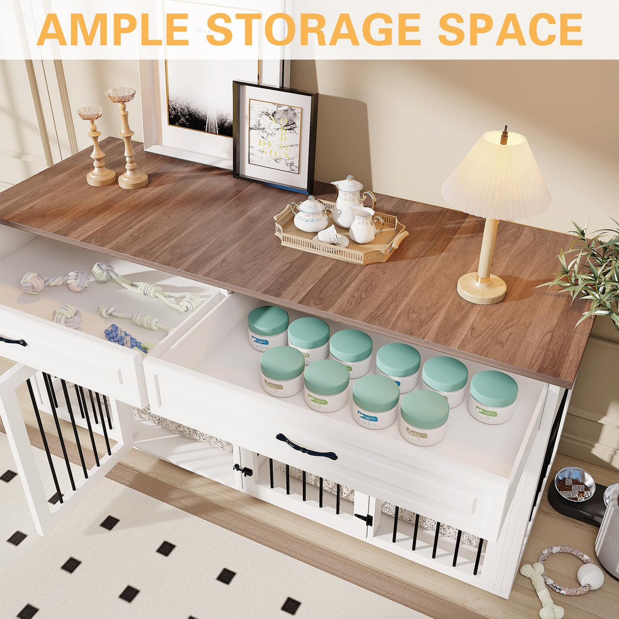 EBE Dog Crate Furniture, 74.8''Wooden Dog Crate with 2 Drawers and Removable Divider, Dog Kennel Indoor Furniture with Double Rooms, Heavy Duty Dog Crate Table Indoor TV Stand for Large Medium Dogs EBE