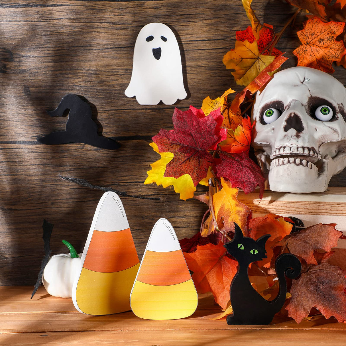 Yalikop 5 Pcs Halloween Table Centerpieces Ghost Black Cat Witch Hat Candy Corn Wooden Tiered Tray Sign Standing Tabletop Signs for Halloween Home Rustic Farmhouse Decor Yalikop