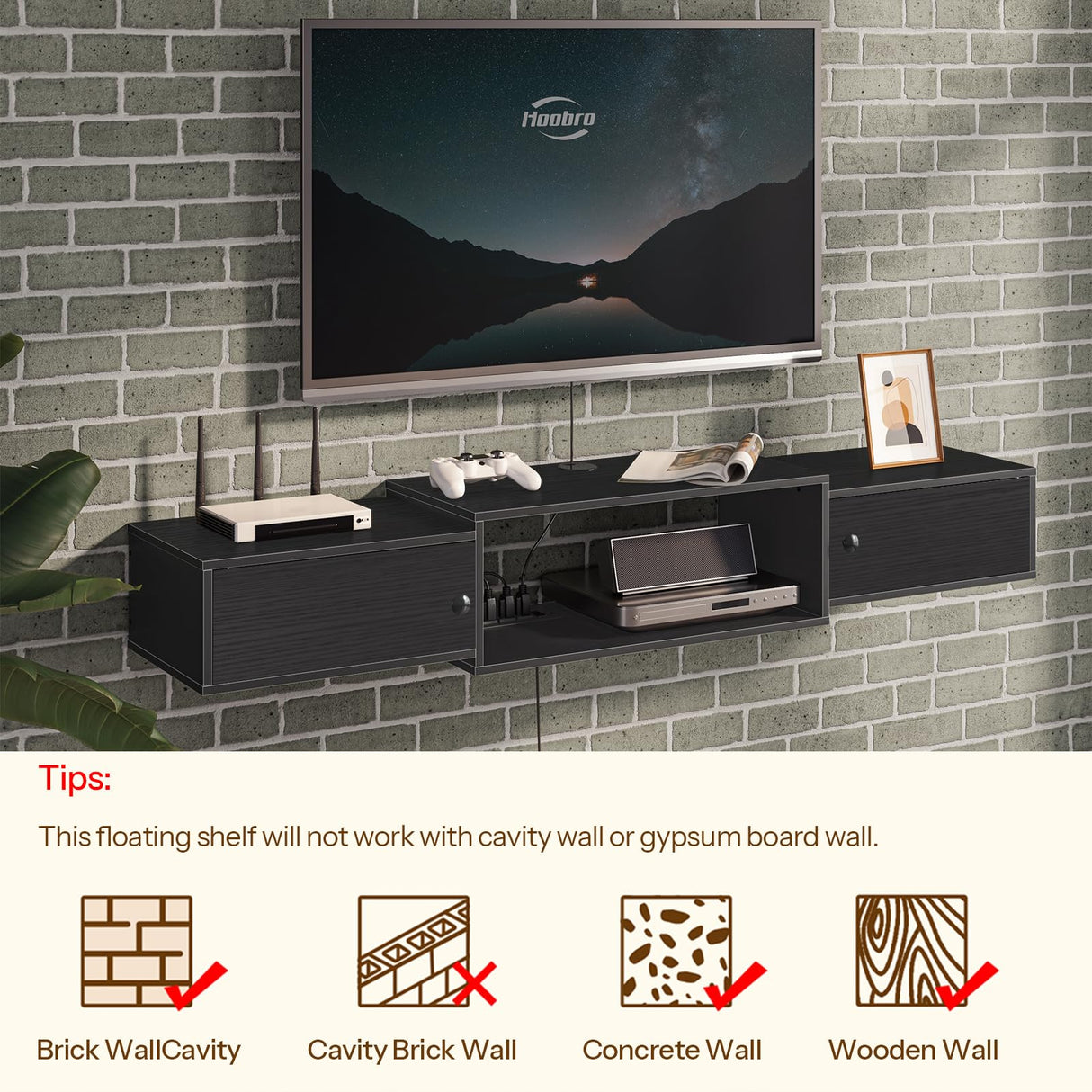 HOOBRO Floating TV Stand with Power Outlets 55", Modern Wall Mounted Media Console Shelf with Doors, Entertainment Center for Under TV Storage, for Living Room, Bedroom, Black BK11UDS01 HOOBRO