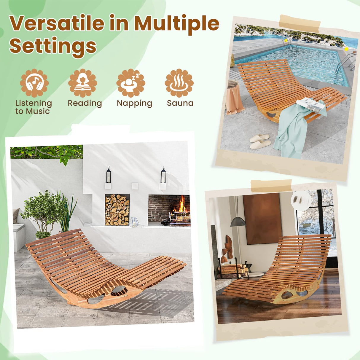 HAPPYGRILL Outdoor Acacia Wood Double Chaise Lounge, Rocking Chair with High Back, Slatted Seat, Stopper, Outside Wood Rocker for 2, 440 Lbs Capacity Sun Lounger Loveseat HAPPYGRILL