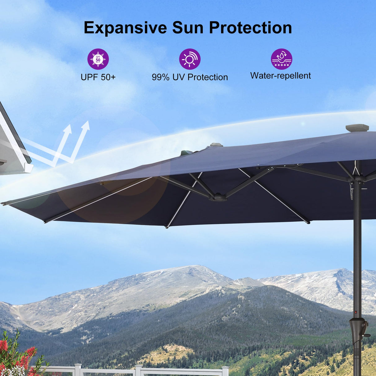 PURPLE LEAF 15ft Double-Side Patio Umbrella with Base and Solar Lights Outdoor Market Umbrella with Crank Handle Rectangle Umbrella for Backyard Pool Garden Deck, Navy blue PURPLE LEAF