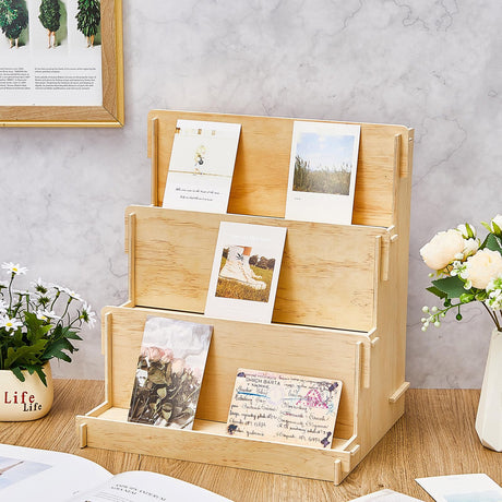 Barydat 2 Pcs 3 Tiered Greeting Card Display Stand Wooden Organizer Racks for Sticker Craft Brochure Table Tabletop Vendors Retail Counter Trade Shows Showcase Barydat
