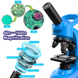Kids Microscope,40-1600x Microscope Kit for Kids Beginners Children,STEM Kit,Prepared Slides,LED Light and Configured Various Operating Tools- Science Experiment Toy for Kids Ages 6-12 DOUBLE CC