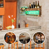 Homde Wine Rack with LED Light Wall Mounted Wood Wine Shelf with Bottle Stemware Glass Holder Rustic Wine Display Storage Rack with 4-Bottle Liquor Dispenser for Home Bar Kitchen Decor Homde