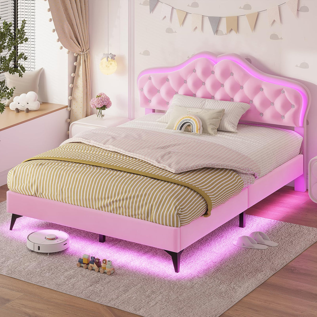 ADORNEVE Full Size Upholstered LED Bed Frame, Girls Bed with Adjustable Crystal Button Headboard, Velvet Princess Platform Bed for Girls, Solid Wooden Slats, Easy Assembly, Pink ADORNEVE